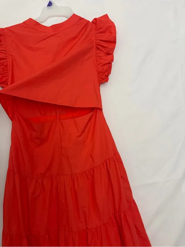 Entro Tiered Midi Dress Large Red Orange Ruffle Sleeve Back Cutout NWOT(A906) - Image 12