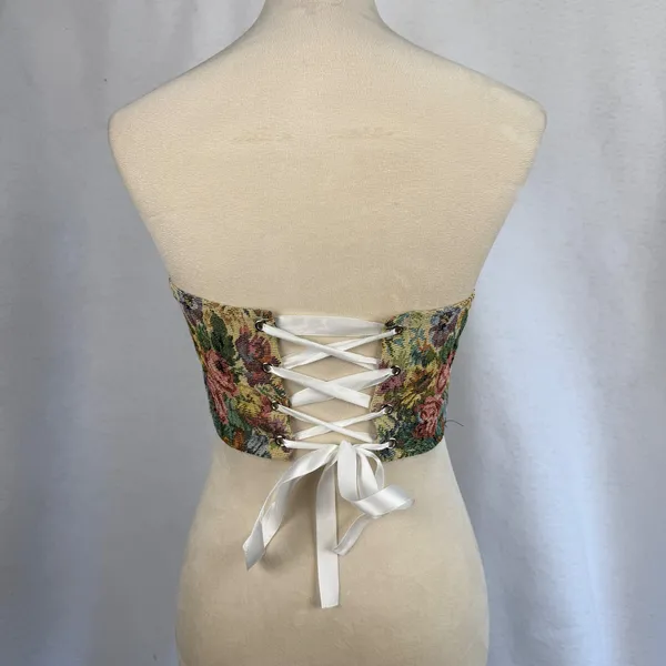 Floral Tapestry Corset Crop Top Lace Up Back Strapless‎ Woven Bodice Small Boho - Image 3