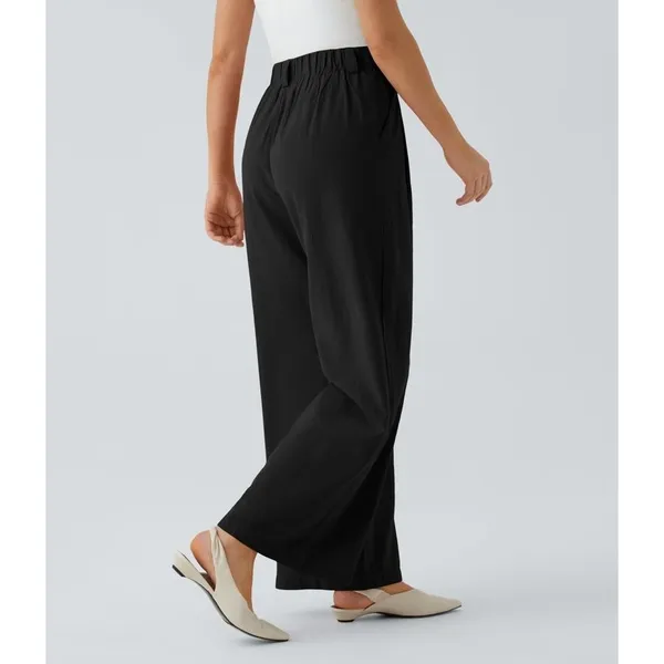 Halara Wide Leg Flowy Solid Palazzo Casual Linen Feel Pants Black XL - Image 5