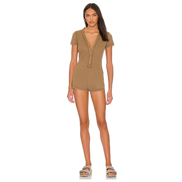 Free People Early Night Waffle Knit Romper Army‎ Green XS Coastal Beach Boho - Image 2