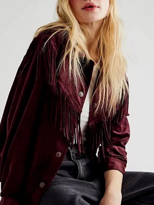 Free People Western Fringe Faux Suede Cosmic Karma Jacket In Wine Size Large - Image 14