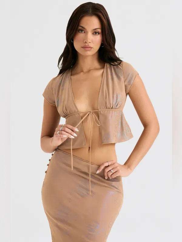 House of CB Maia Shimmer Cafe Au Lait Tie Front Top XS - Image 3