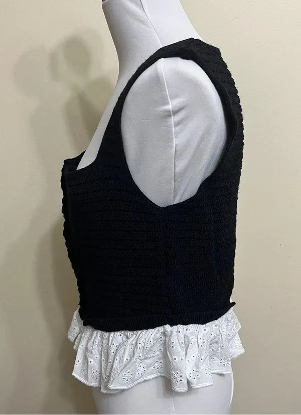 ZARA Black and White Lace Ruffle Crop Button Down Knit Crochet Tank Top Size L - Image 2