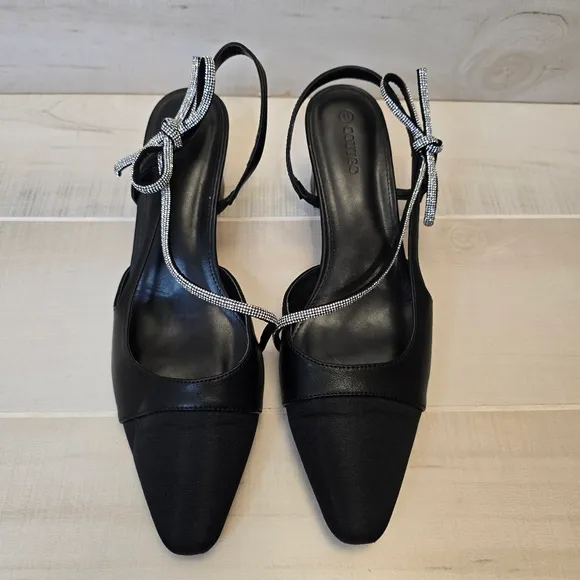 {11} Coutgo Rhinestone Slingback Chunky Heel Pointes Toe Black - Image 2