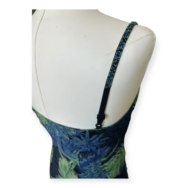 Vintage 90s Y2K Eva Blue Beaded Tropical Print Slip Dress S Fairycore Coquette - Image 12