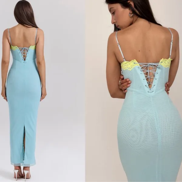 NWOT HOUSE OF CB Aiza Ocean Blue Contrast Lace Maxi Dress sz XS - Image 6