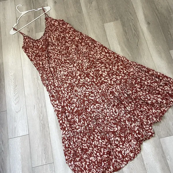 Anthropologie Maxi Dress floral backless tiered tank womens Red medium vacation - Image 3
