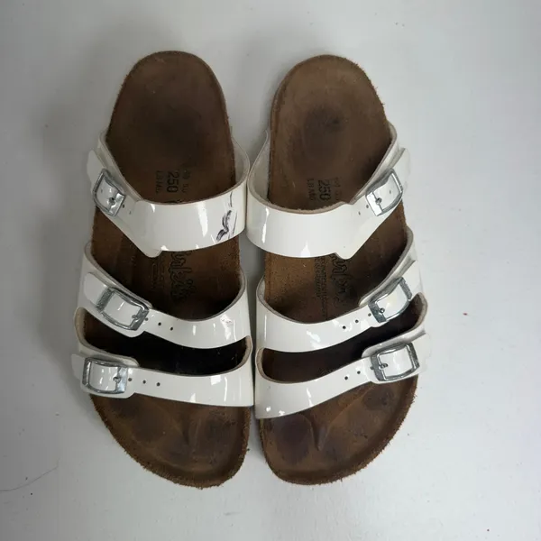 Birkenstock Birki's 39 L8 Sandals Florida Birko-Flor White Patent Triple Strap Slide Germany - Image 7