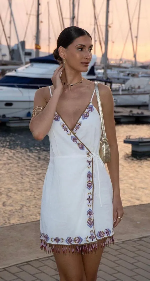 Zara dress mini summer boho embroidered fringe cotton tribal Aztec wrap - Image 4
