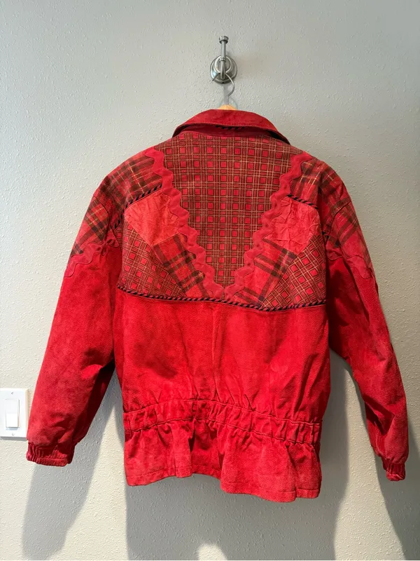 Vintage CHIA Red 100% Leather Patchwork Plaid Western Jacket Bomber Size Medium - Image 9