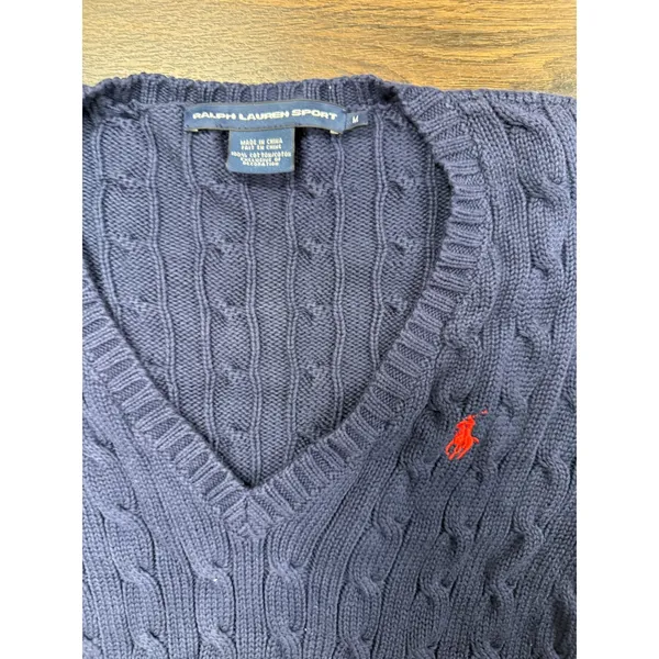 Ralph Lauren Sport Cable Knit V-Neck Sweater Navy Blue Red Pony Women's M - Image 2