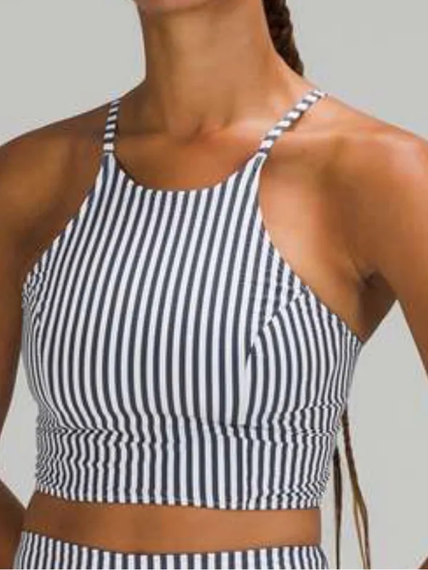 Lululemon Seersucker High-Neck Long-Line Swim Womens Navy Top Sz Small - Image 2