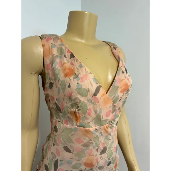 Y2K Mimi Maternity Silk Floral Midi Dress Peach V-Neck Ruffle Whimsy Fairy Small - Image 2