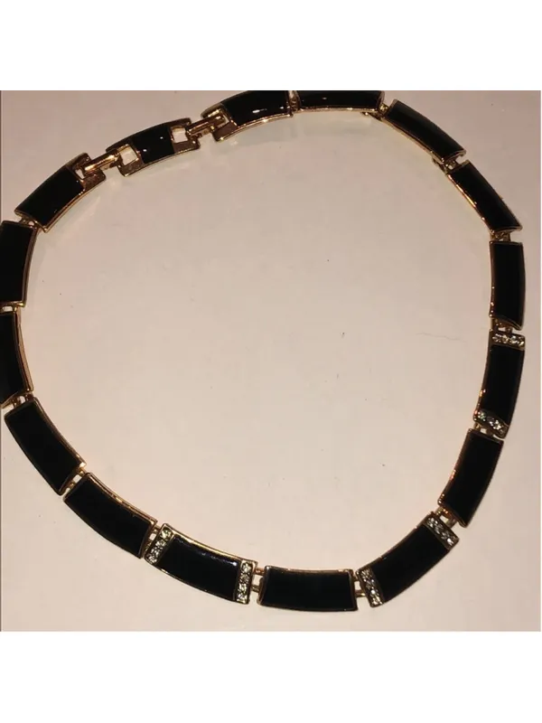Elegant Vintage Black Enamel and Gold Tone Rhinestone Retro Necklace - Image 2