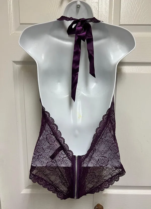Purple Stretch Plunging Scalloped Lace Teddy - Image 8