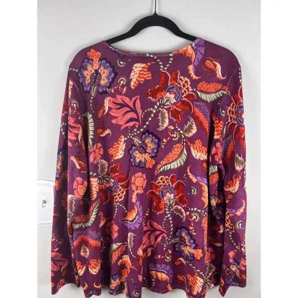 Chico’s Floral Knit Top Size 3 US XL Purple Long Sleeve V Neck Paisley - Image 4