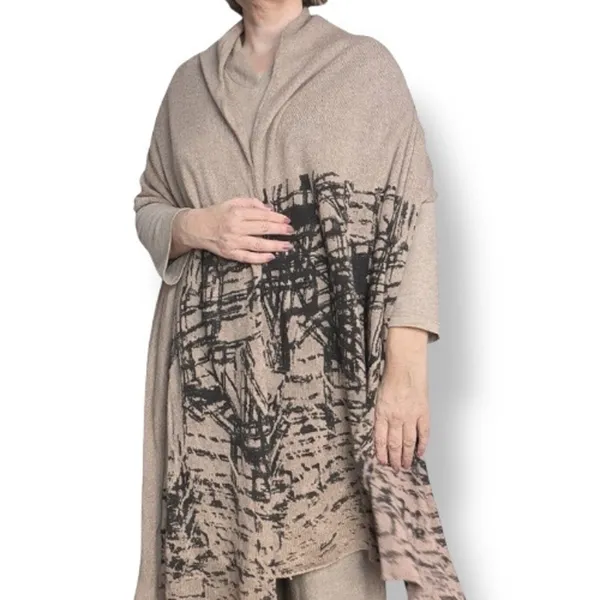 Neutral Taupe Beige Abstract Art Knit Shawl Wrap Poncho Scarf Lightweight‎ Layer - Image 11