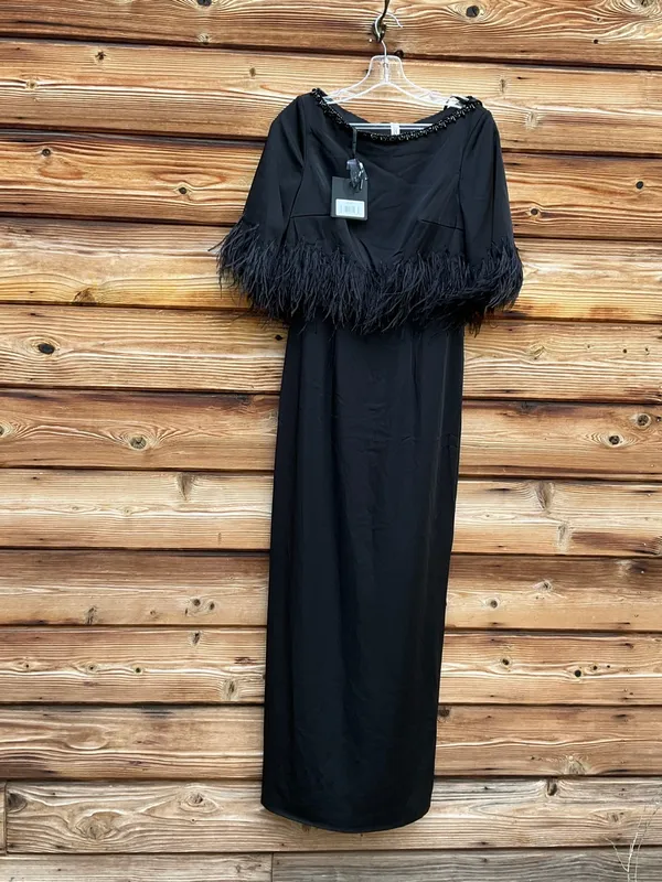 Mac Duggal Black Size 4 Feather Trim 1/4 Sleeve Long Column Gown Dress - Image 4