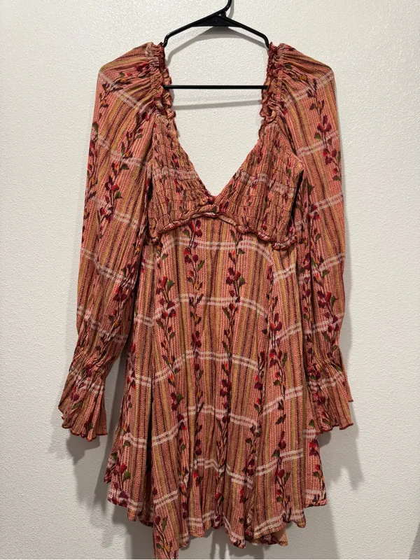 Free People Jackie Mini Dress M Rust Floral Plaid Boho NWOT - Image 5