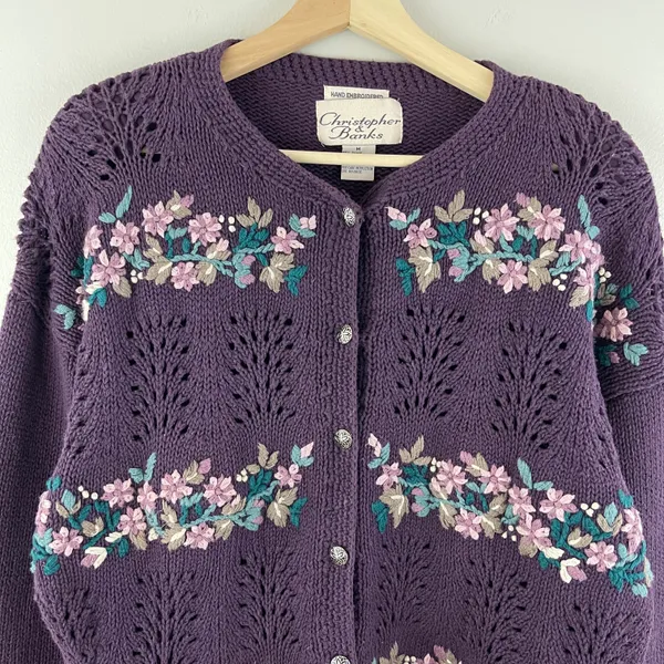 Christopher & Banks Vintage 90’s Purple Hand Embroidered Floral Knit Sweater - Image 3