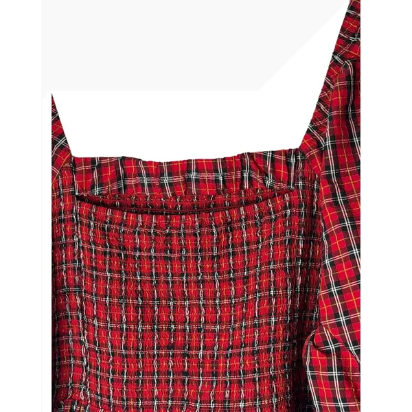 Old Navy Smocked Peplum Top Women 4X Red Tartan Plaid Square Neck Holiday Preppy - Image 5