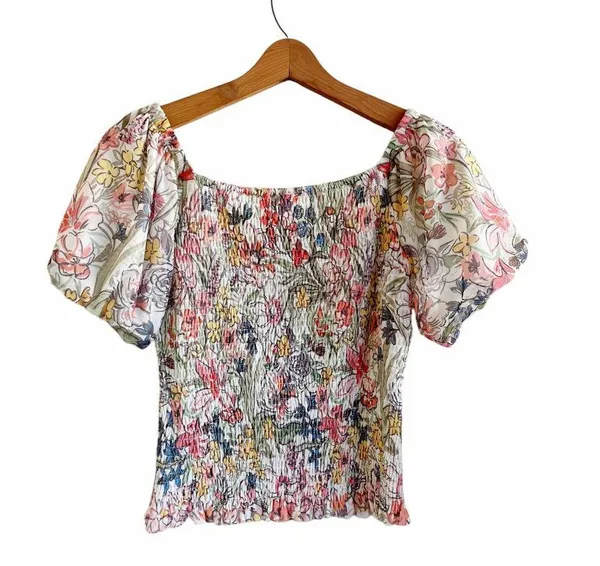 ANTHROPOLOGIE Aurelia Smocked Floral Puff Sleeve Top X-Small EUC - Image 3