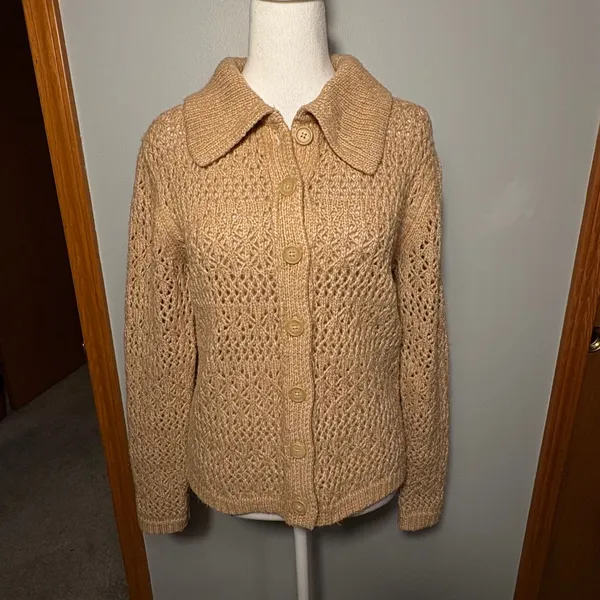 Joie Brown‎ tan Crochet Collar Button Front Cardigan Sweater Top Size S - Image 2