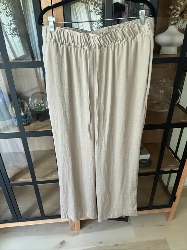 H&M satin pants high rise elastic waistband adjustable drawstring beige wide - Image 2