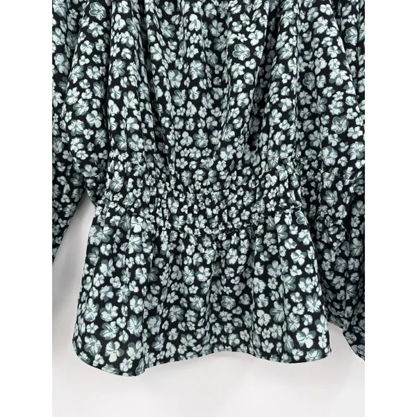 Nine West Floral Print Smocked Waist Peplum Blouse Boho Festival Peasant Top PM - Image 3