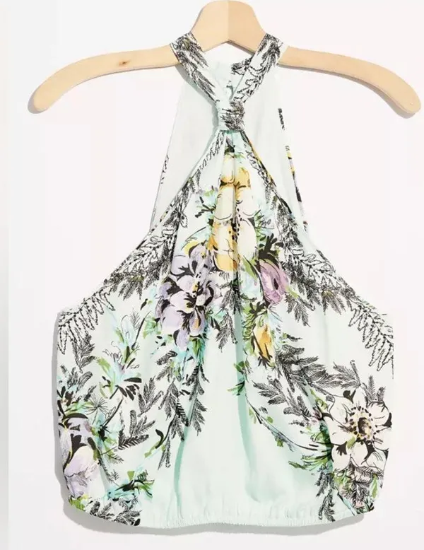 NWT FREE PEOPLE Higher Love Teal Floral Silky Halter High Neck Knotted Large - Image 10