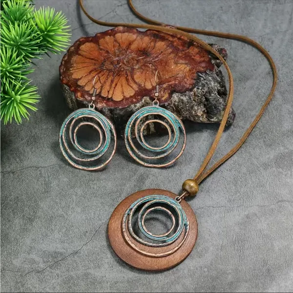 Boho Vintage Style Necklace/Earrings‎ Set Hollow Spiral Design Zinc Alloy Wood - Image 5