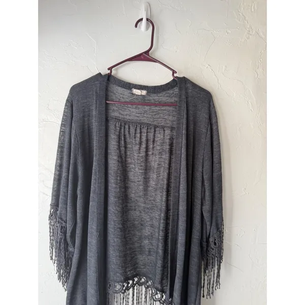 Eyeshadow 2010s Festival Gray Open Long‎ Sl Fringe Kimono Cardigan Top XL Boho - Image 2