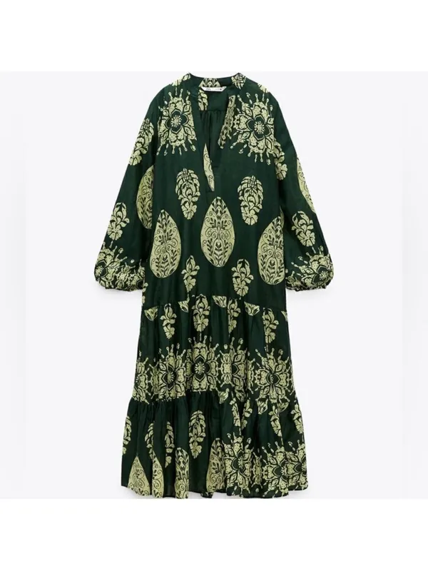 Zara Dark Green Midi Dress with Light Green Botanical Print - Image 5