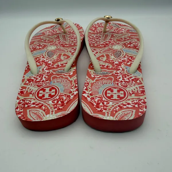 Tory Burch Floral Paisley Flip Flop Sandals Size 7 Logo Beachy Vacation Pool - Image 3