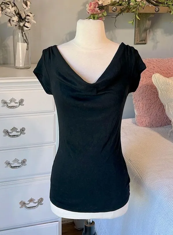 Express Sexy Basic Black Top Drape Neck Short Sleeve Cotton Womens Small - Image 2