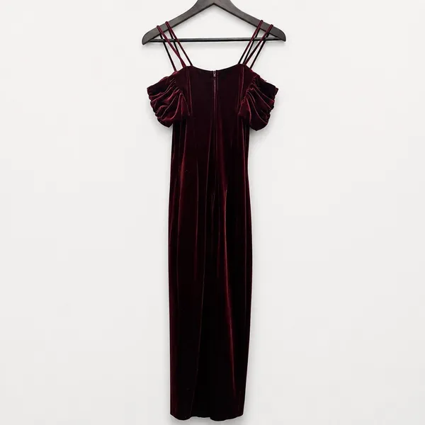 Vintage 90s Dollar USA Burgundy Velvet Cold Shoulder Maxi Dress M - Image 2