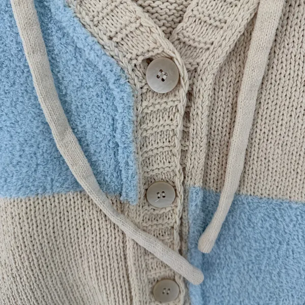 POL Blue Beige Patchwork Knit Hooded Button Cardigan Sweater Cozy Boho Size M - Image 6