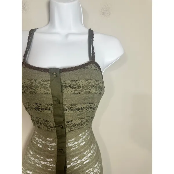 Pinkyotto New York Olive Green Sheer Floral Lace Button Front Midi Dress Small - Image 4