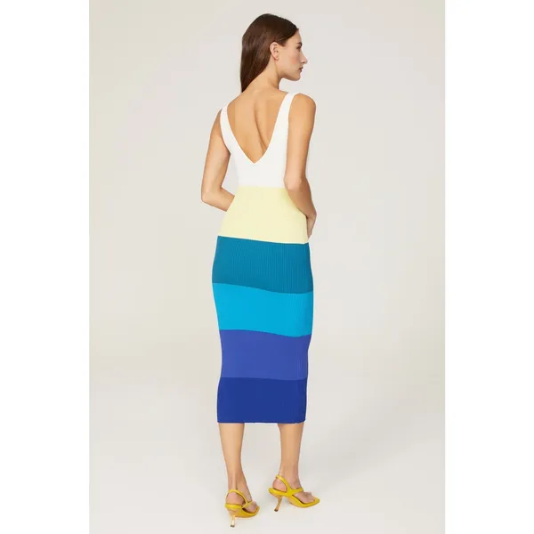 STAUD Blue White Colorblock Stripe Sleeveless V-Neck Dana Midi Dress Size Small - Image 4