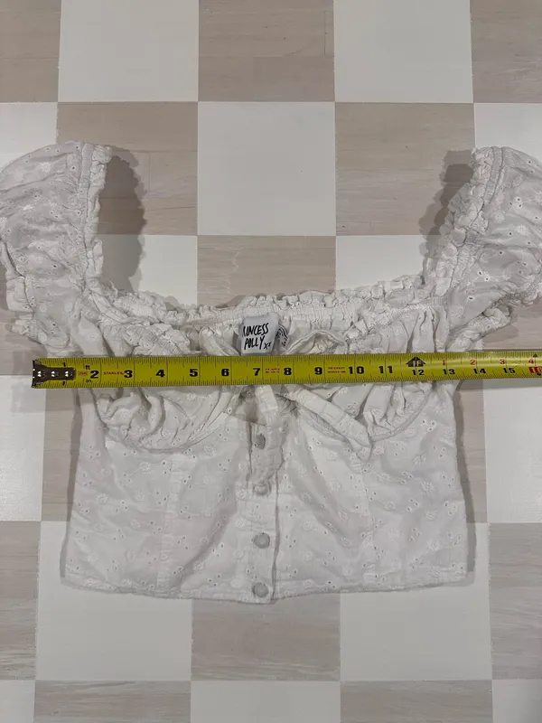 Princess Polly White Eyelet Puff Sleeve Ruched Button Front Crop Top Cottagecore - Image 11