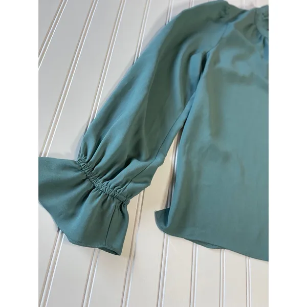 J.Crew Teal Green Ruffle Neck Tie Blouse Smocked Cuff Long Sleeve Top Size L - Image 3