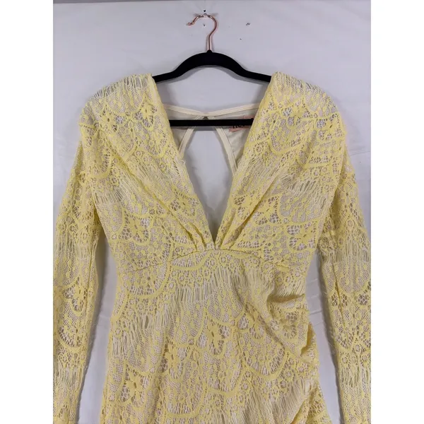 Reverse Australia Yellow Lace Long Sleeve Mini Dress V-Neck Open Back Sz Med NEW - Image 4