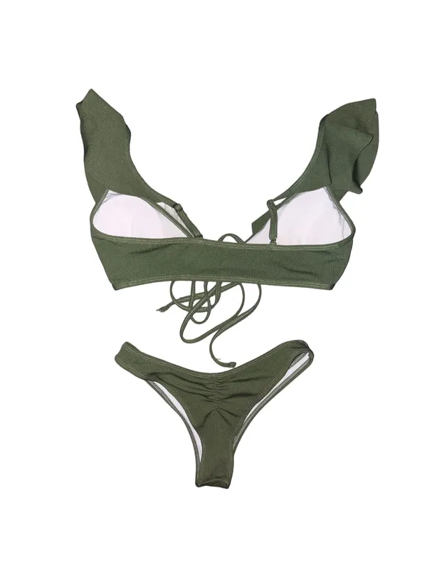 Zaful Army Green Ribbed Ruffle Bikini Set - Image 2