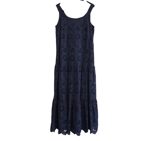 Charlie B XS Navy Blue Cotton Eyelet Tiered‎ Midi Dress Sleeveless 100% Cotton - Image 3