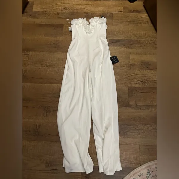 Lulus Rare Allure White 3D Floral Applique Strapless Wide-Leg Jumpsuit - Image 4