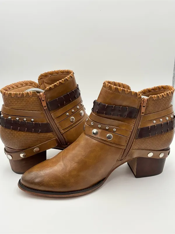 Patrizia Strappy Faux Leather Dressy Boots Studded‎ Ankle Booties Braided Strap - Image 4