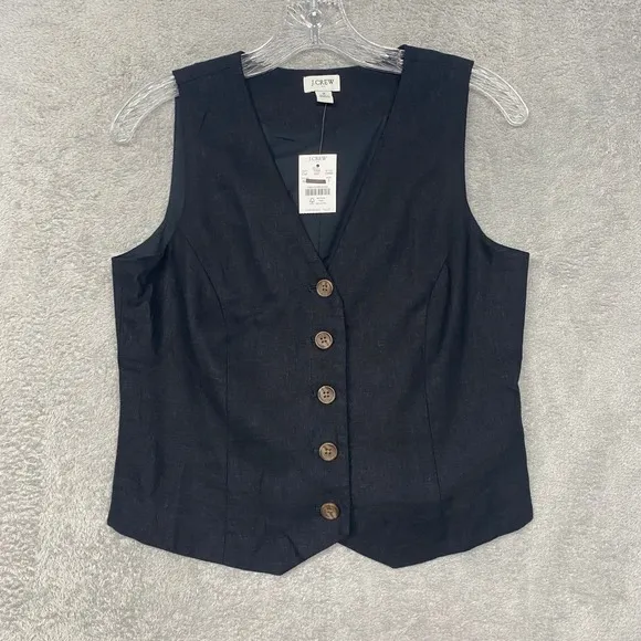 J Crew Top Womens 2 Black Linen Blend Vest‎ Sleeveless Button Up Classic CI309 - Image 3
