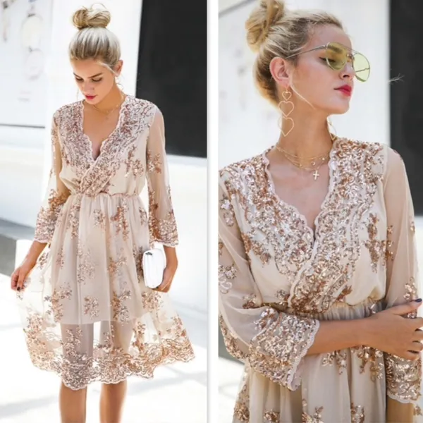 Rouge Women's M Beige Champagne V-Neck‎ Midi Dress with Rose Gold Sequins - Image 15