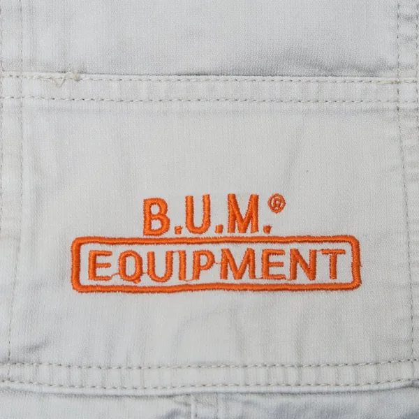 Vintage 90s Bum Equipment Jeans Khaki & Orange Denim Overall Shorts - Image 5