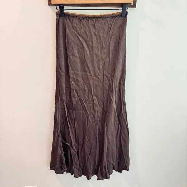 Nati Brown Satin Midi Skirt Lace Trim Waistband Size Small Chocolate Bias Cut - Image 2